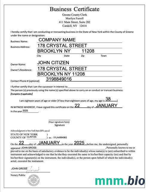 USA New York business vcertyfikat Word i szablon PDF